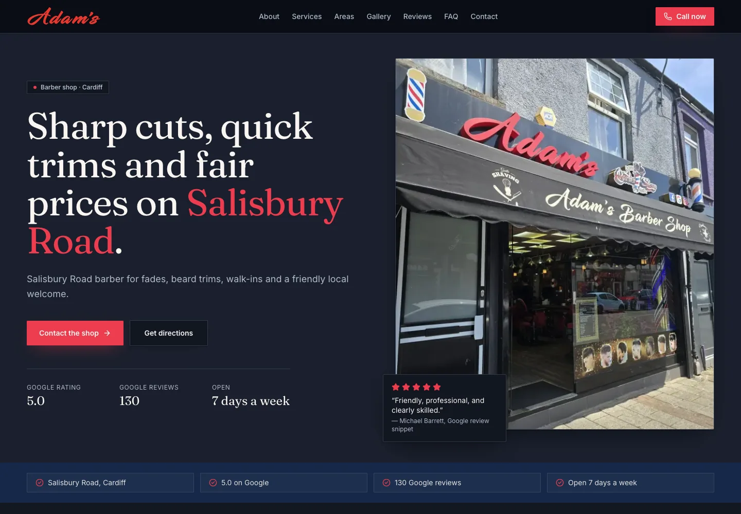 Adam's Barber Shop Presence website showing the Salisbury Road barber shop hero.