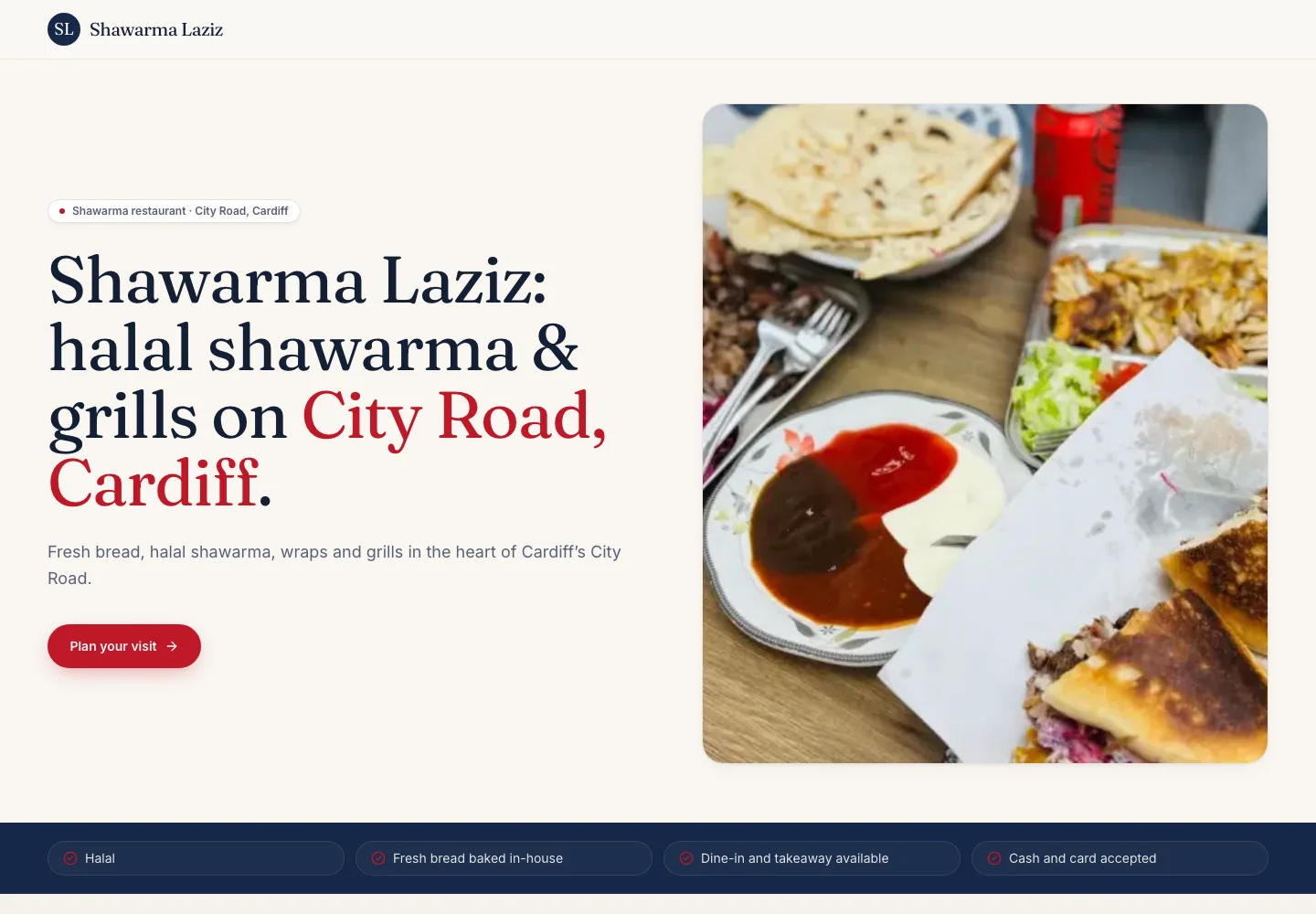 Shawarma Laziz Local business site showing its restaurant hero and trust strip.